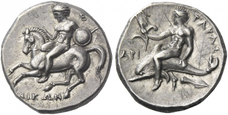 Calabria, Tarentum. Nomos circa 281-270 BC, AR 7.86 g. Rider l., holding spear a...