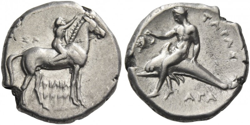 Calabria, Tarentum. Nomos circa 281-270, AR 7.86 g. Youth on horseback r., crown...
