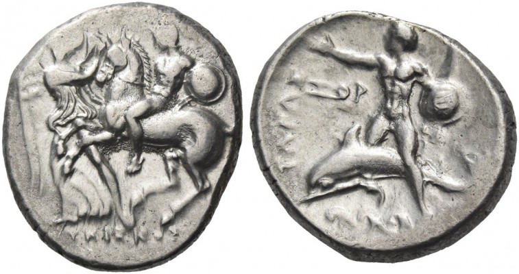 Calabria, Tarentum. Nomos circa 281-270 BC, AR 7.91 g. Helmeted horseman with sh...