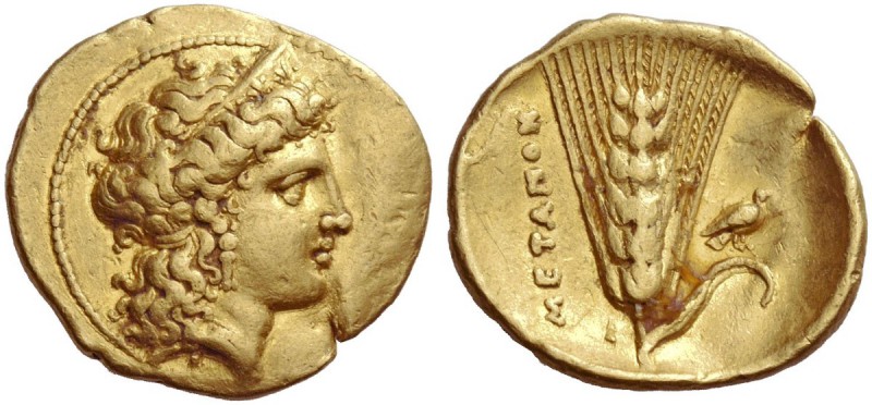 Metapontium. 1/3 stater circa 330, AV 2.67 g. Diademed head of Hera (?) r., hair...