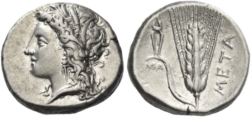 Metapontium. Nomos circa 330-290 BC, AR 7.84 g. Barley-wreathed head of Demeter ...