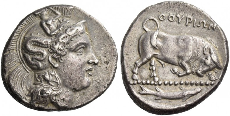 Thurium. Di-nomos circa 400-350 BC, AR 14.94 g. Head of Athena r., wearing Attic...