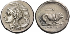 Velia. Nomos circa 280, AR 7.38 g. Head of Athena l.; wearing crested helmet decorated with griffin. Rev. Lion crouching r.; above, caduceus. Williams...