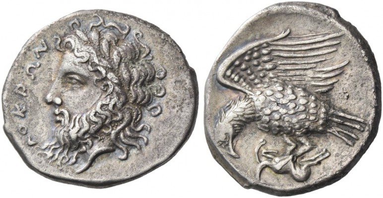 Locri. Nomos circa 320-280, AR 6.76 g. Laureate head of Zeus l. Rev. Eagle l., w...