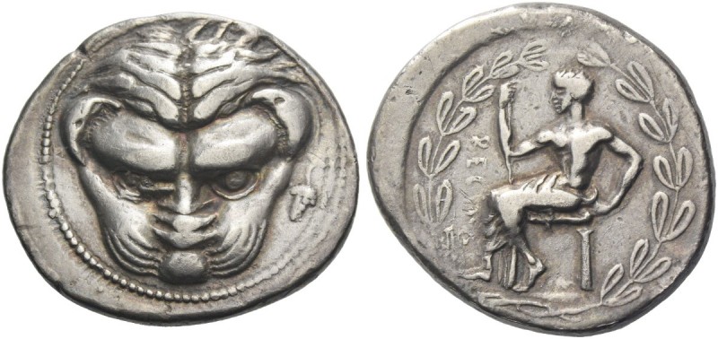 Rhegium. Tetradrachm circa 445-430, AR 16.63 g. Lion's head facing; in field r.,...