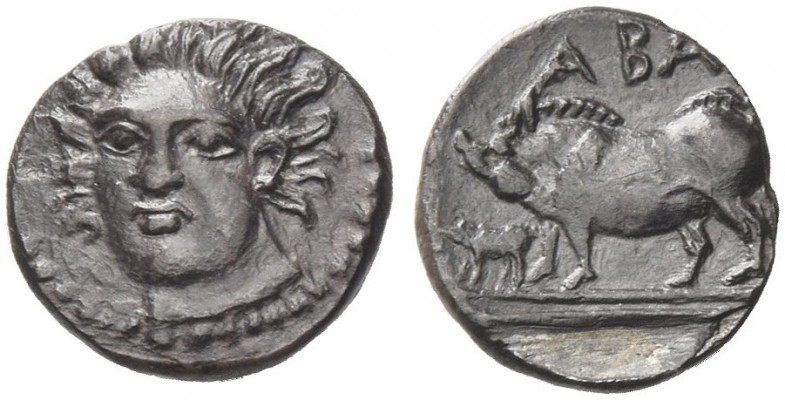 Sicily, Abacaenum. Litra circa 410-400 BC, AR 0.54 g., Facing head of nymph, sli...