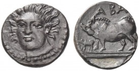 Sicily, Abacaenum. Litra circa 410-400 BC, AR 0.54 g., Facing head of nymph, slightly three-quarter l. Rev. Sow standing l. with piglet on double exer...
