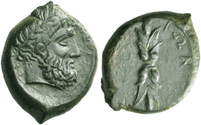 Aitna. Bronze circa 340-330 BC, Æ 10.40 g. Laureate head of Zeus r. Rev. Thunder...