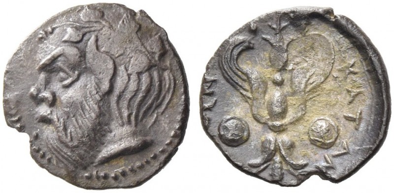 Catane. Litra circa 420-410, AR 0.69 g. Ivy-wreathed head of Silenus l. Rev. Win...