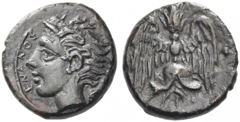 Catane. Tetras circa 405-402 BC, Æ 1.98 g. Head of river-god l. with horn and fl...