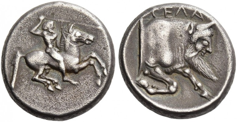 Gela. Didrachm circa 490-475 BC, AR 8.37 g. Naked horseman r., hurling javelin f...