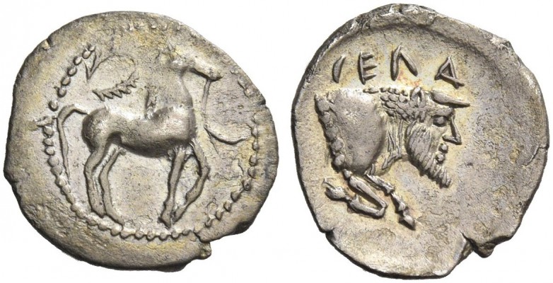 Gela. Litra circa 465-450 BC, AR 0.85 g. Bridled horse at pace r.; above, laurel...