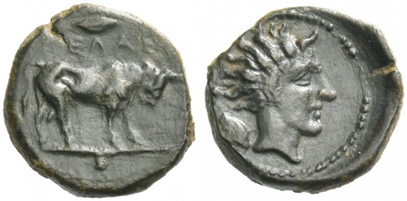 Gela. Uncia circa 420-405 BC, Æ 1.10 g. Bull standing r.; above, grain, in exerg...