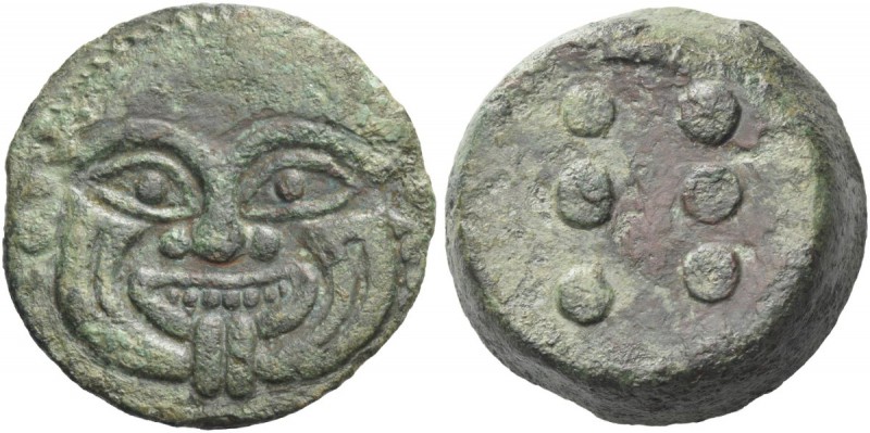 Himera. Hemilitron circa 430-420 BC, Æ 20.90 g. Gorgoneion. Rev. Six pellets. Ca...