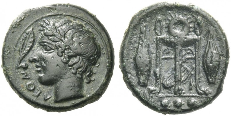 Leontini. Tetras circa 405-402 BC, Æ 2.23 g. Laureate youthful male head l.; in ...