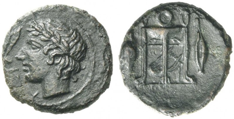 Leontini. Uncia circa 405-402 BC, Æ 0.74 g. Laureate youth male head l.; in l. f...
