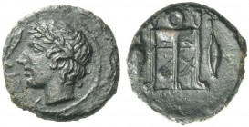 Leontini. Uncia circa 405-402 BC, Æ 0.74 g. Laureate youth male head l.; in l. field, leaf. Rev. Tripod; in background lyre, at sides, two grains and ...