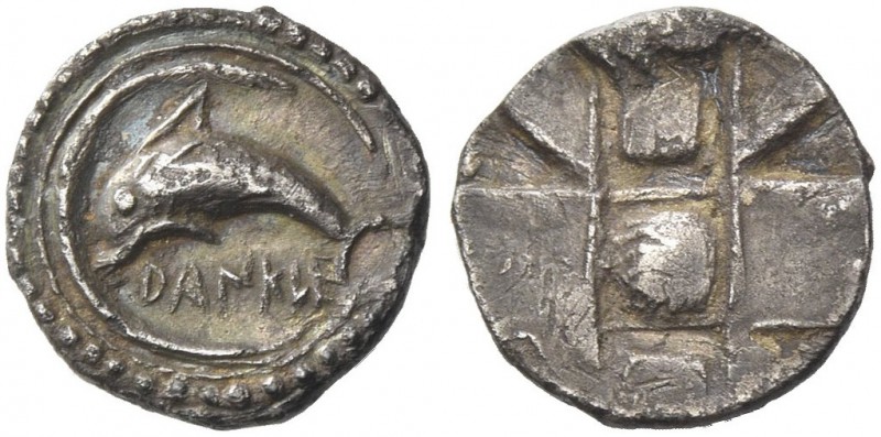 Messana as Zankle. Litra circa 500-493 BC, AR 0.52 g. Dolphin swimming l. within...