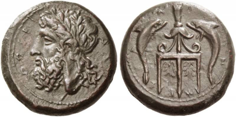 Messana as Zankle. Litra circa 338-275 BC, Æ 15.73 g. Laureate head of Zeus l. R...