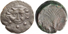 Motya. Tetras circa 415/10-397 BC, Æ 7.48 g. Facing gorgoneion with protruding tongue; three pellets below. Rev. Palm tree. SNG ANS –. Calciati 1.
Ve...
