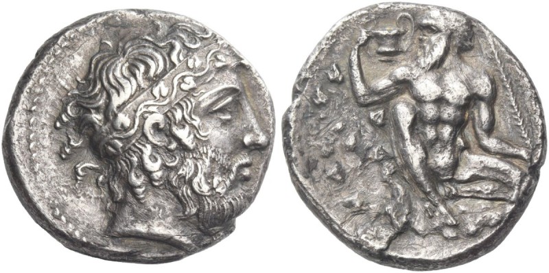 Naxos. Tetradrachm, circa 415, AR 16.08 g. Bearded head of Dionysus r., hair bou...