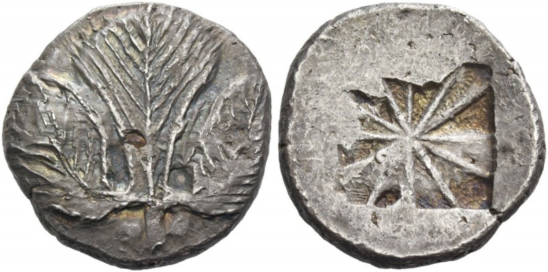 Selinus. Didrachm circa 530-500, AR 9.03 g. Selinon leaf; at base of stem, two p...