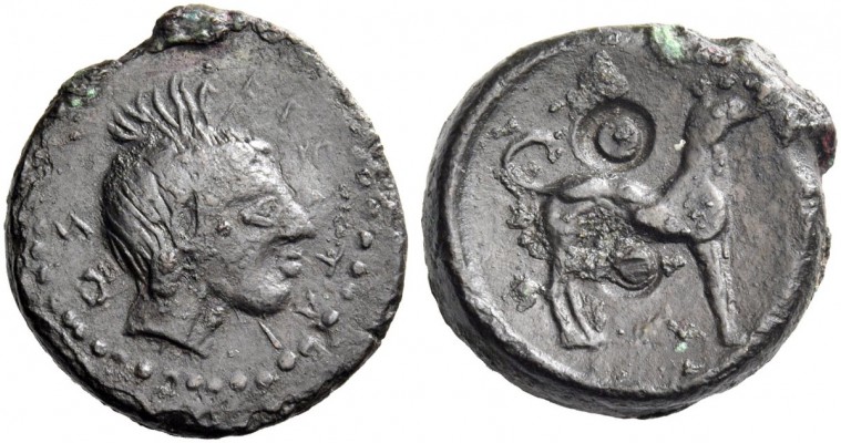 Segesta. Hexas circa 416/5-414/3 BC, Æ 4.35 g. Head of a nymph r. Rev. Hound sta...