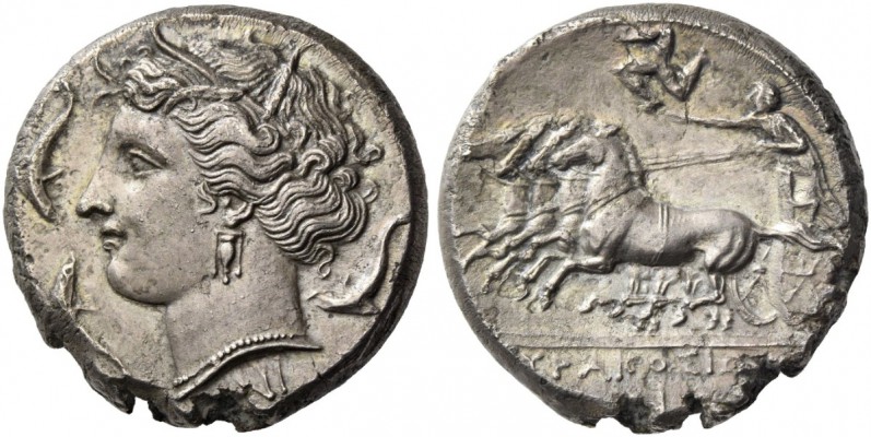 Syracuse. Tetradrachm circa 310-304 BC, AR 16.69 g. Head of Persephone l., with ...
