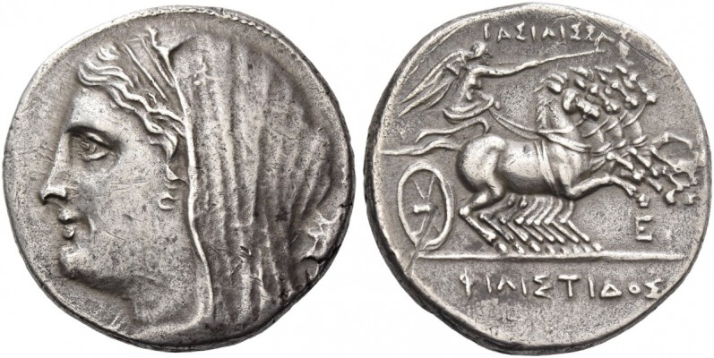 Syracuse. Tetradrachm circa 218-215 BC, AR 13.98 g. Veiled head l.; in r. field,...