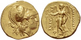 Alexander III, 336-323 and posthumous issues. Stater, Aradus circa 328-320 BC, AV 8.57 g. Head of Athena r., wearing crested Corinthian helmet, decora...