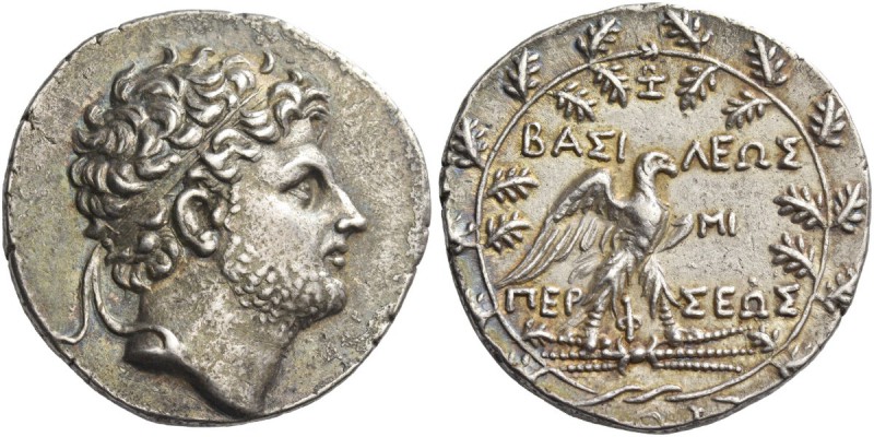 Perseus, 178 – 168. Tetradrachm, Pella 178-168, AR 16.60 g. Diademed head r., sl...