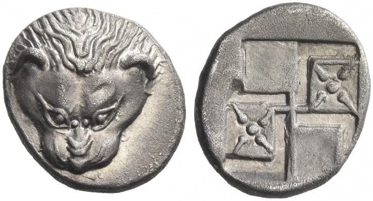 Tauric Chersonesus, Panticapeum. Diobol circa 460-450 BC, AR 1.73 g. Facing lion...