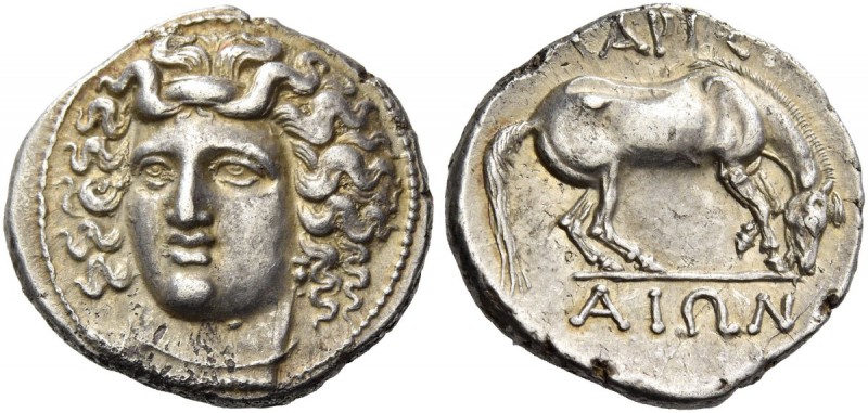 Thessaly, Larissa. Drachm circa 348-336, AR 6.01 g. Head of nymph Larissa facing...