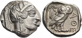 Attica, Athens. Tetradrachm after 449 BC, AR 17.13 g. Head of Athena r., wearing Attic helmet decorated with olive leaves and palmette. Rev. Owl stand...