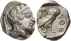 Attica, Athens. Tetradrachm after 449 BC, AR 17.16 g. Head of Athena r., wearing Attic helmet decorated with olive leaves and palmette. Rev. Owl stand...