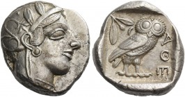 Attica, Athens. Tetradrachm after 449 BC, AR 17.16 g. Head of Athena r., wearing Attic helmet decorated with olive leaves and palmette. Rev. Owl stand...