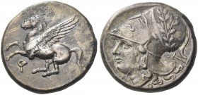 Corinthia, Corinth. Stater circa 345-307 BC, AR 8.45 g. Pegasus flying l. Rev. Helmeted head of Athena l.; in r. field, plough. Ravel 1022b. Calciati,...