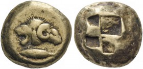 Mysia, Cyzicus. Stater circa 500-450 BC, EL 16.05 g. Heads of lion and ram, conjoined, on tunny fish. Rev. Quadripartite incuse square. von Fritze 54....