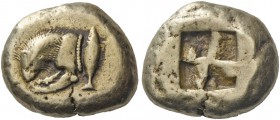 Mysia, Cyzicus. Stater circa 500-450 BC, EL 15.94 g. Forepart of lion l., devouring prey; in r. field, tunny. Rev. Quadripartite incuse square. von Fr...