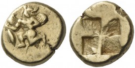 Mysia, Cyzicus. Hecte circa 500-450 BC, EL 2.72 g. Winged male mythological creature running-kneeling l., head r., holding tunny. Rev. Quadripartite i...
