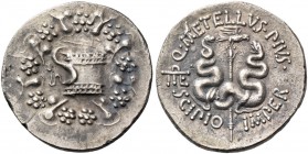 Pergamum under the Romans. Q. Caecilius Metellus Pius Scipio. Cistophoric tetradrachm circa 49-48, AR 11.83 g. Serpents emerging from cista mistica; a...
