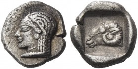 Troas, Kebren. Diobol circa V century BC, AR 1.28 g. Female head l., wearing necklace and earrings. Rev. Head of ram within incuse square. SNG von Aul...