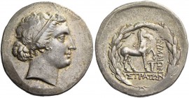 Aeolis, Cyme. Tetradrachm circa 160-150, AR 16.46 g. Diademed head of Kyme r. Rev. Horse standing r., l. foreleg arched high in the air all within oak...