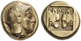 Lesbos, Mytilene. Hecte circa 454-428/7 BC, EL 2.49 g. Head of Athena r., wearing earring, necklace, and crested Attic helmet decorated with three oli...
