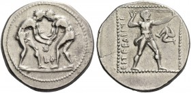 Pamphylia, Aspendus. Stater circa 380-325, AR 10.77 g. Two wrestlers grappling. Rev. Slinger standing r.; in r. field, triskeles. All within dotted fr...