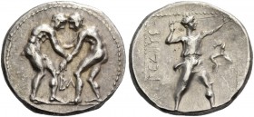 Pamphylia, Aspendus. Stater circa 380-325, AR 10.83 g. Two wrestlers grappling. Rev. Slinger standing r.; in r. field, triskeles. All within dotted fr...