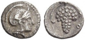 Cilicia, Solus. Hemiobol circa 350-330 BC, AR 0.33 g. Helmeted head of Athena r. Rev. Bunch of grapes. SNG France 186. BMC 24 (tetartemorion).
Old ca...