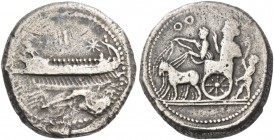 Phoenicia, Sidon. 'Abd'aštart I, circa 365-352. Double siglos 342/1-340/39 BC, AR 25.47 g. Phoenician galley l. Rev. The Great King on chariot drawn b...