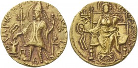 India. Vasishka. Dinar circa AD 240-250, AV 7.90 g. Vasishka standing facing, head l., flames on shoulder, sacrificing over altar and holding filleted...