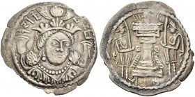 India. The Kidarites. Kidara, after 350 AD. Drachm, AR 3.68 g. Facing crowned bust of king turned slightly r. Rev. Fire altar flanked by attendants wi...